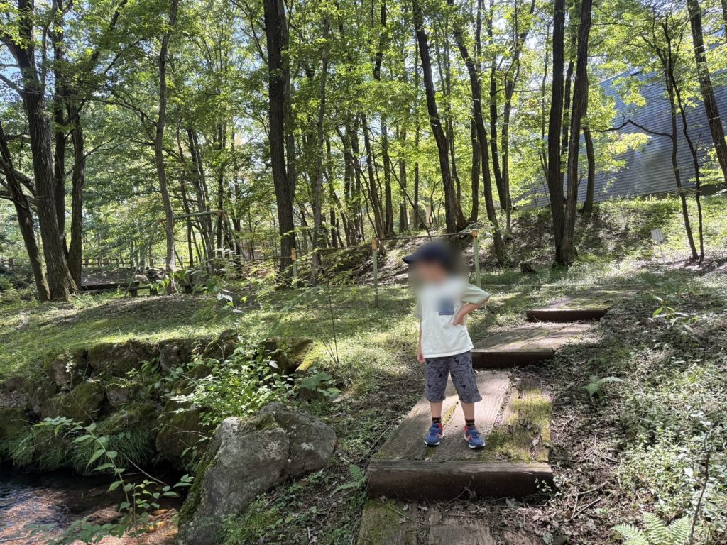ホテル周辺の森の小道を歩く子ども